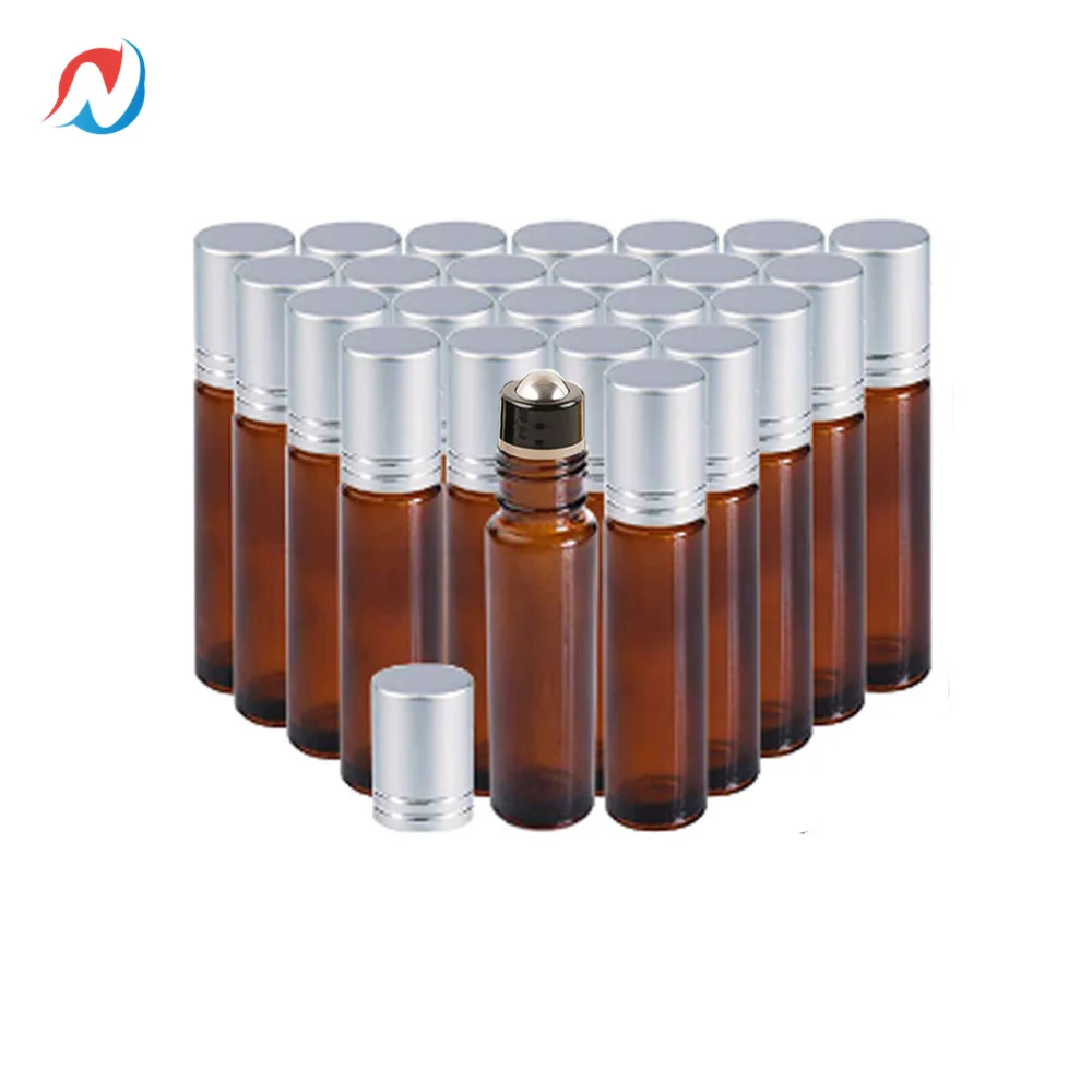 

Sheenirs 24pcs 10ml Updated Amber Glass Roll On Bottle Empty Vials Stainless Steel Metal Roller Ball Essential Oils Aromatherapy