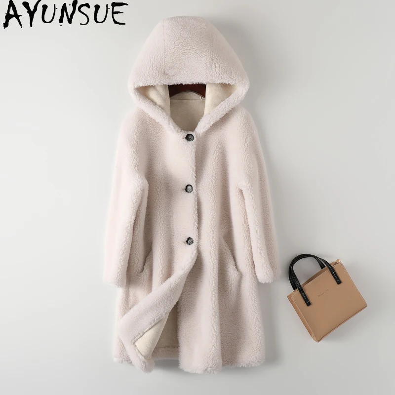 AYUNSUE Women's Winter Jacket 2021 Hooded Casual Sheep Shearling Coat Female Korean Wool Jackets Women Casaco Feminino Gxy590