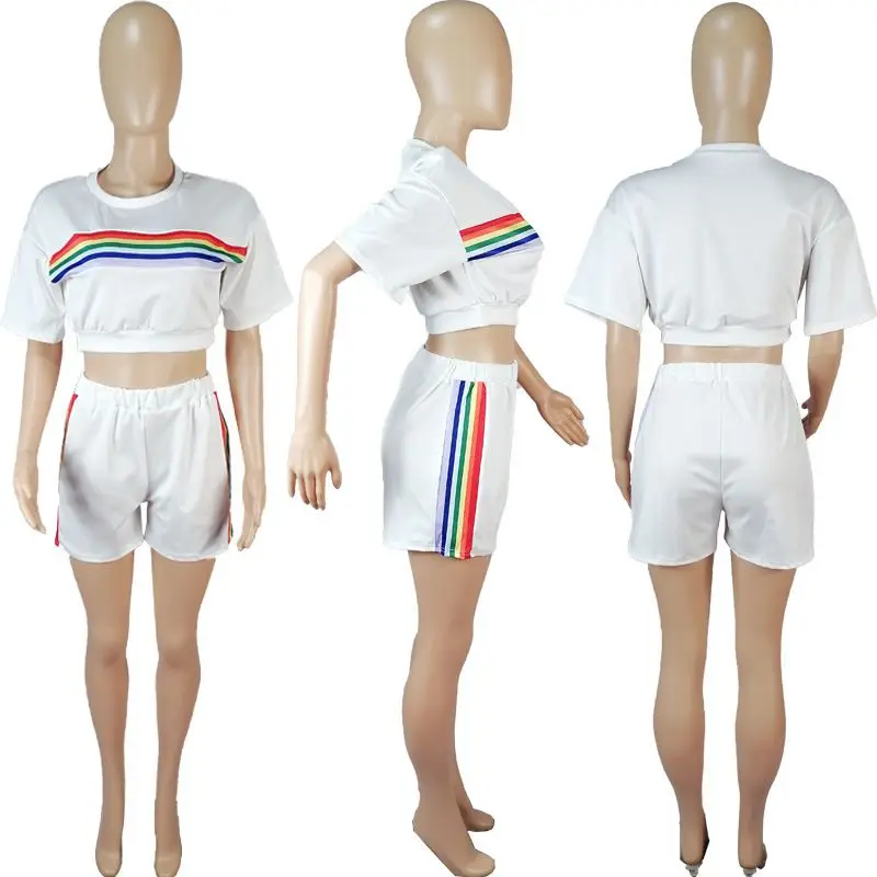 

ZKYZWX Refreshing Striped Two Piece Tracksuits Women Set Short Sleeve T Shirt Tops Sexy Biker Shorts Lounge Wear Matching Sets