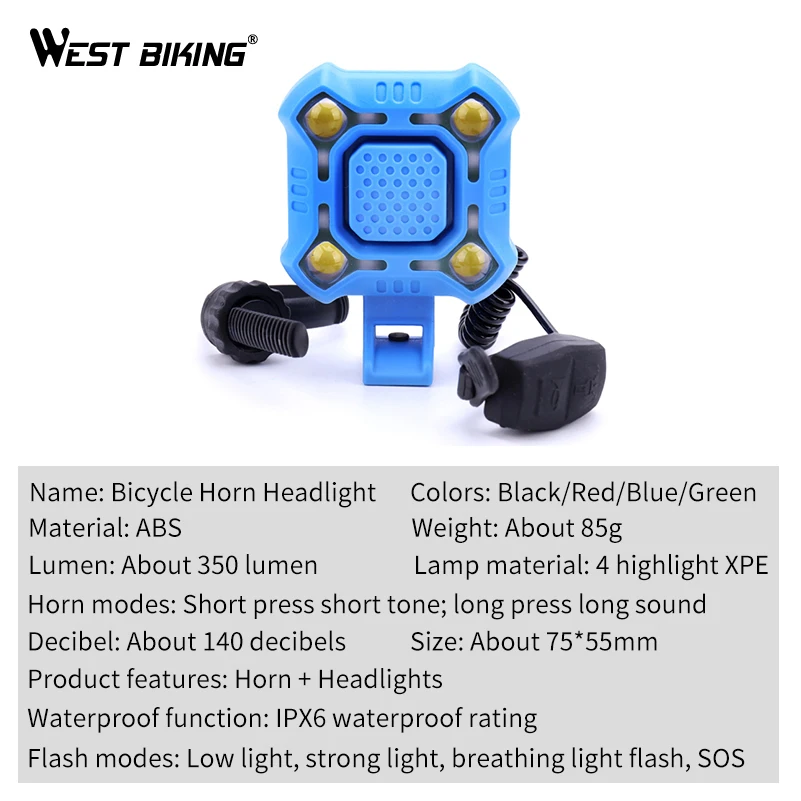 

WEST BIKING 140 dB Bike Bell 4 Lamp Cycling Light 1200mAh Electric Horn Waterproof USB Charging Loud Alarm Security Bicycle Bell