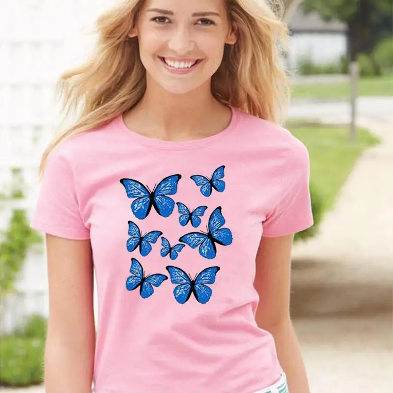 

Летняя хлопковая Футболка в стиле Харадзюку, Повседневная футболка с коротким рукавом, женская модная футболка с принтом синей бабочки, жен...