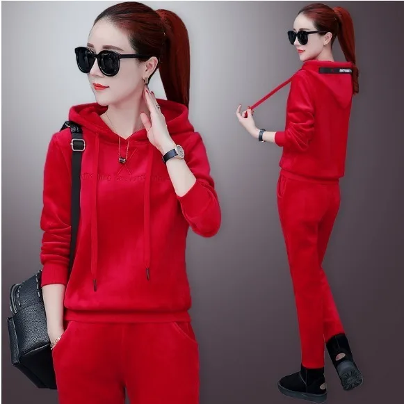 

2 Piece Set Women Autumn and Winter Plus Velvet Sports Clothing Gold Velvet Casual Korean-style Two-Piece Hoodie Suit