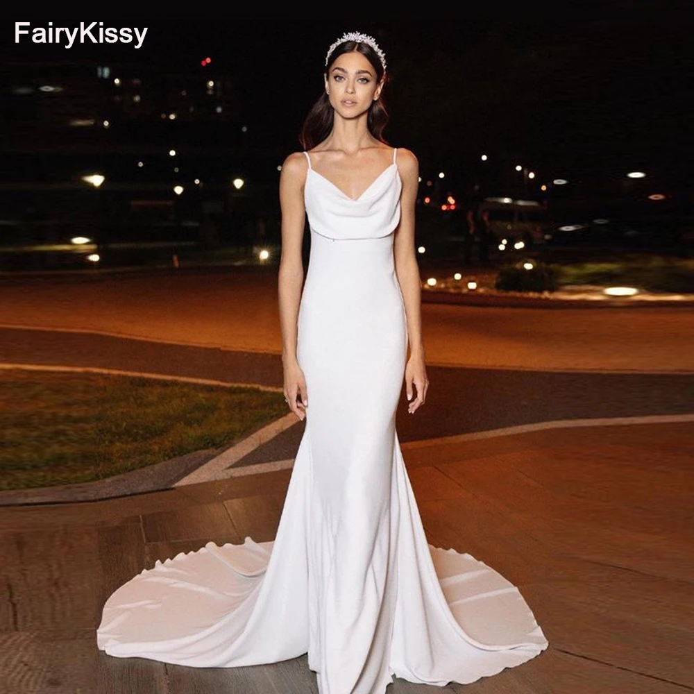 

FairyKissy Simple Mermaid Wedding Dress Boho Stain Wedding Gown Spaghetti Strap Vestido De Noiva Sereia 2022 Backless Bride Gown