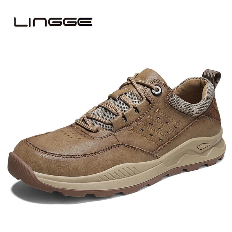 

LINGGE Men Shoes Fashion Genuine Leather Loafers Breathable Autumn Lace Up Comfortable Casual Outdoor Sneakers Men Walking Shoes