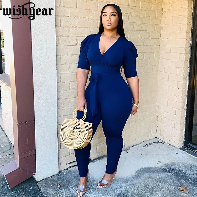 

Женский офисный комбинезон с V-образным вырезом, повседневный Длинный комбинезон с рукавами-фонариками и поясом, модная уличная одежда сине...