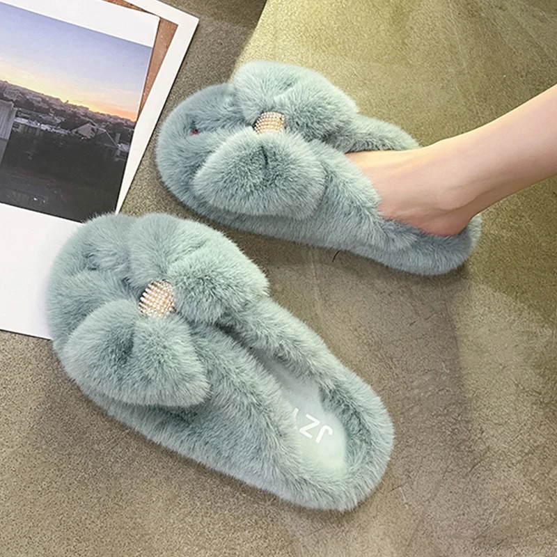 

Cute Winter Women Fluffy Slippers Bowknot Home Bedroom Indoor Faux Fur Home Ladies Furry Slides Flat Slippers Zapatillas ML50