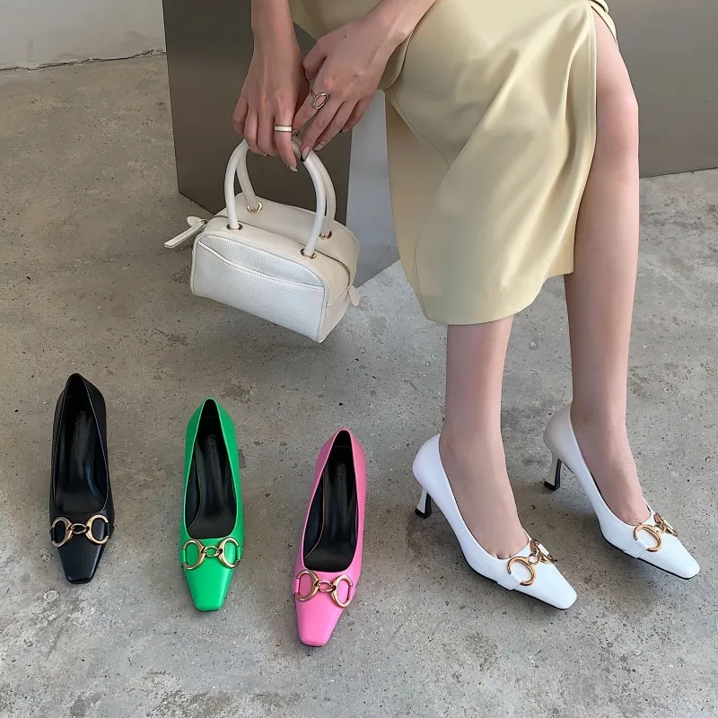 

2022 Korean version of the spring new fashion square-toe metal buckle women's single shoes stiletto shallow high-heeled shoes