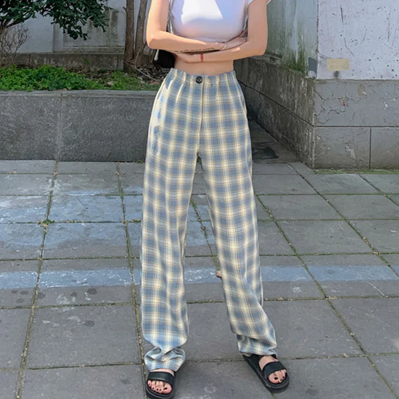 

Женские клетчатые брюки Harajuku с высокой талией, винтажные синие прямые свободные брюки, уличная мода 2020, женские модные брюки