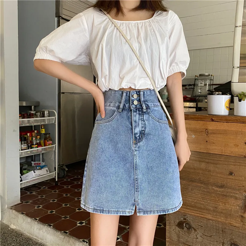 

Women Skirt Summer Blue Solid Casual High Waist A Line Denim Skirts High Street Pockets Button All-Matched Jeans Skirt 2021 New
