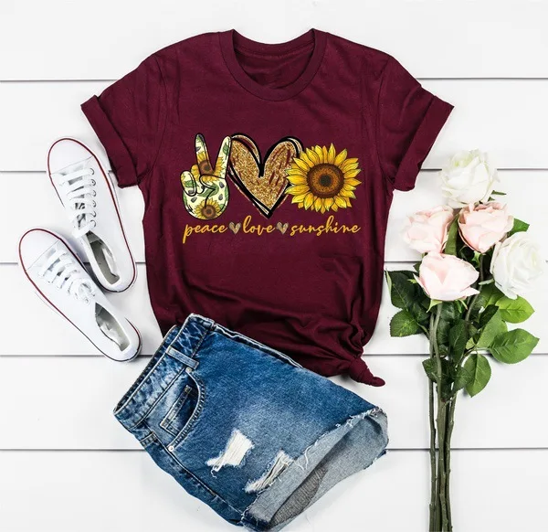 

2021 Short Sleeve Summer Top T-Shirt Peace Love Sunshine Ladies Round Neck Tshirt Women Clothing Fashion Streetwear