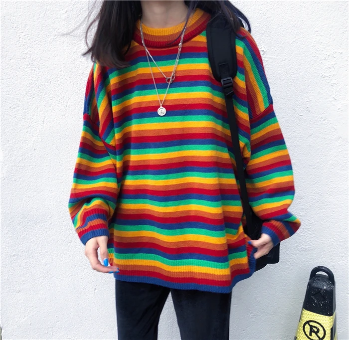 Women's Knit Sweater Loose Stripe Sweaters Long Sleeve Color Womens Pullover Japanese Kawaii Clothing Winter Clothes for Women | Женская