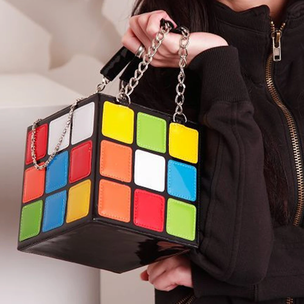 

Chic Cubic Shape Box Women Handbags Designer Chains Tote Luxury Pu Leather Messenger Bag Ladies Personality Small Purses 2021