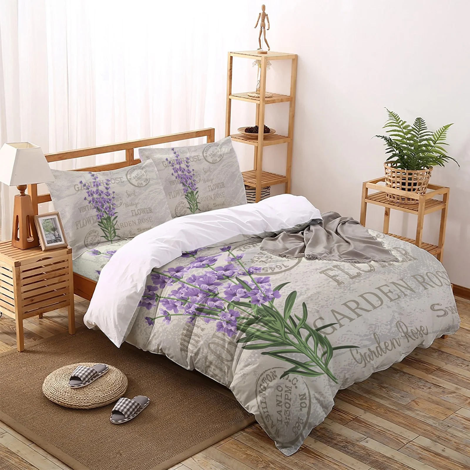 Комплект постельного белья с фиолетовыми цветами лавандой винтажной открыткой и