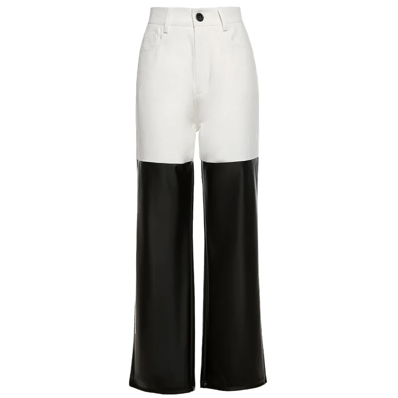 

Y2K Patchwork Color Faux PU Leather Women Vintage Straight Pants White Black High Waist Vintage Streetwear 90s Wide Leg Trousers