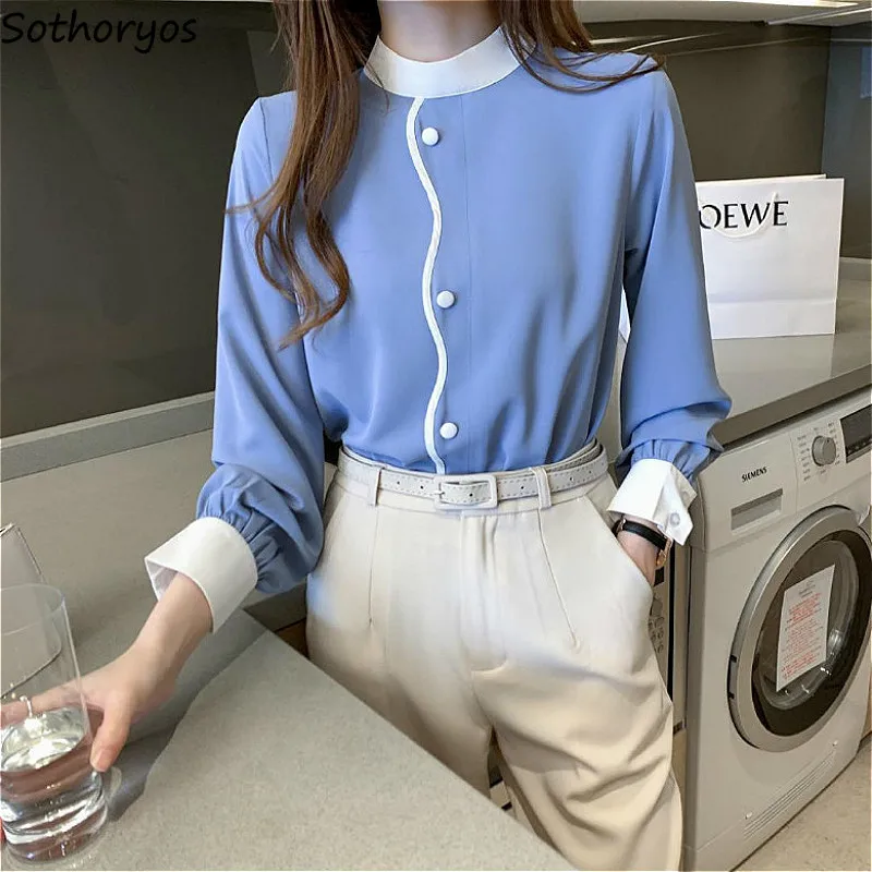 

Blouses Shirts Women Stand Collar Patchwork Elegant Korean Style All-match Leisure Spring Ulzzang Shirt Femme OL Stylish Chic