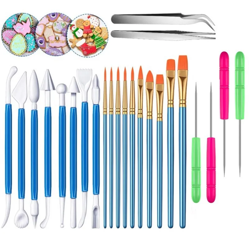 

Cake decoration tool carving pen coloring brush set tweezers fondant biscuit painting tool diy cake baking decoration tool
