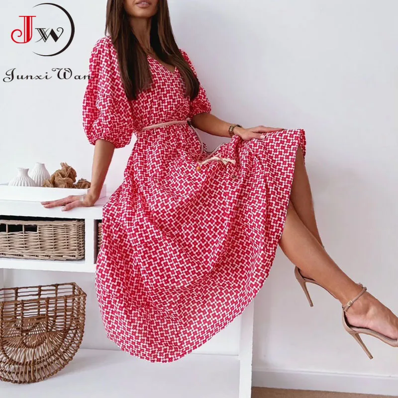 

Geometric Printed Summer Women Long Maxi Dress Fashion High Waist Lantern Sleeve V-Neck A-Line Elegant Beach Dress