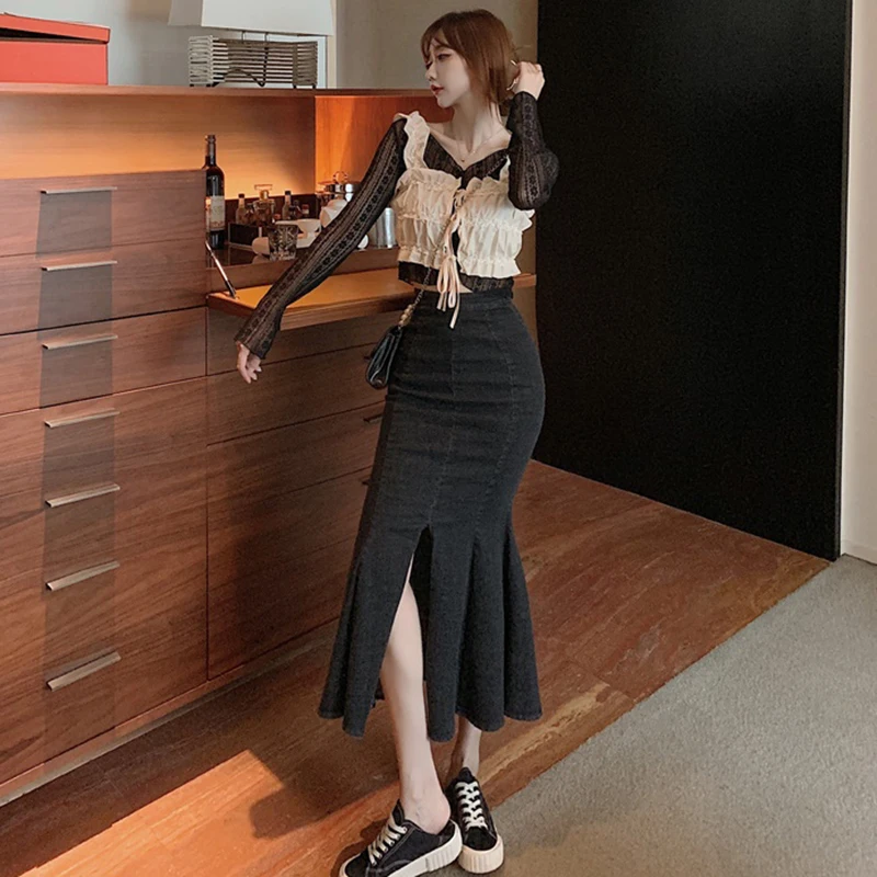 

Women High Waist Pencil Bodycon Vintage Denim Long Skirts Mermaid Pleated Skinny Split Slim Fit Wrap Plus Size Sexy Skirt Female