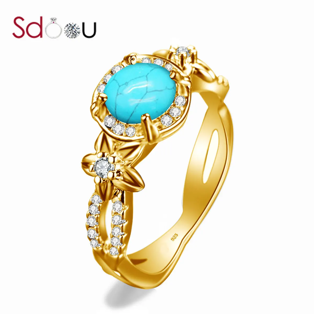 

SDOOU серебряное кольцо для женщин из 14-каратного золота ювелирные изделия из бирюзы круглые Цветок обручальное кольцо в богемном стиле, хоро...