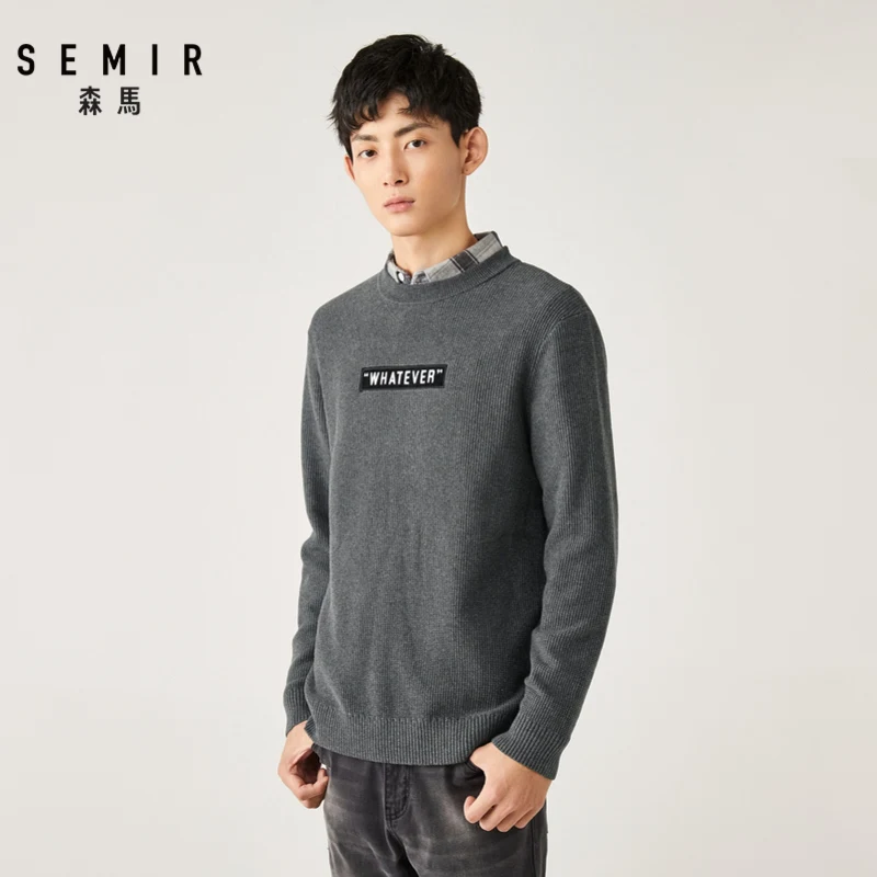 Мужской деловой свитер SEMIR черный с круглым вырезом и надписью в Корейском стиле