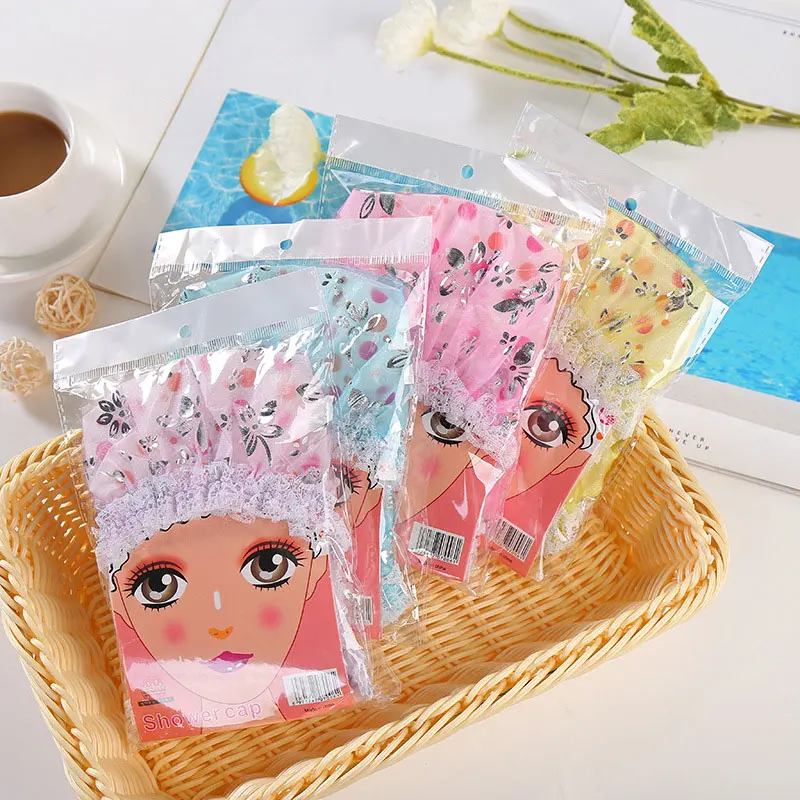 

Bathing Cap Shower Cap Bath Hat Waterproof Colorful Lace Double layer Comfortable Waterproof Cap Multifunction Anti-smoke Cap
