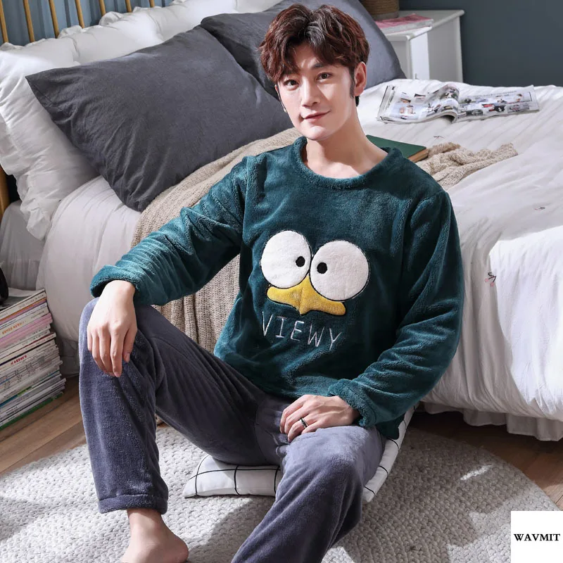 Пижамный комплект мужской фланелевый с длинным рукавом одежда для сна принтом