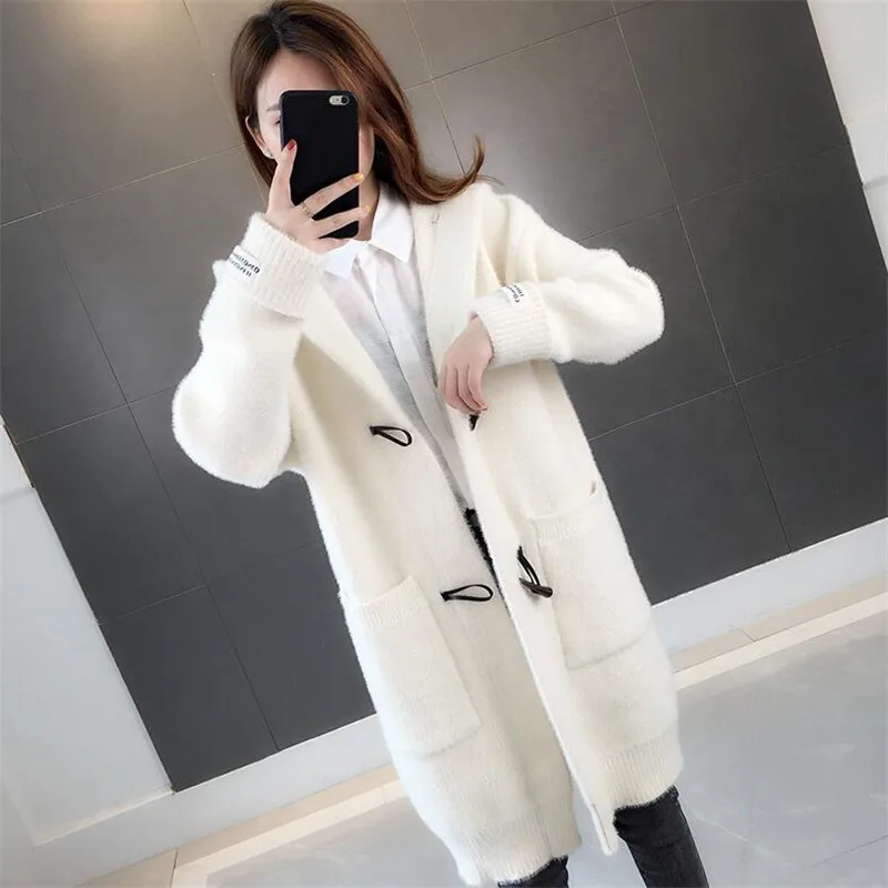 Белый Autumn new imitation water jacket jacket female long section horn buckle solid color long sleeve ladies sweater knit - Цвет: Белый