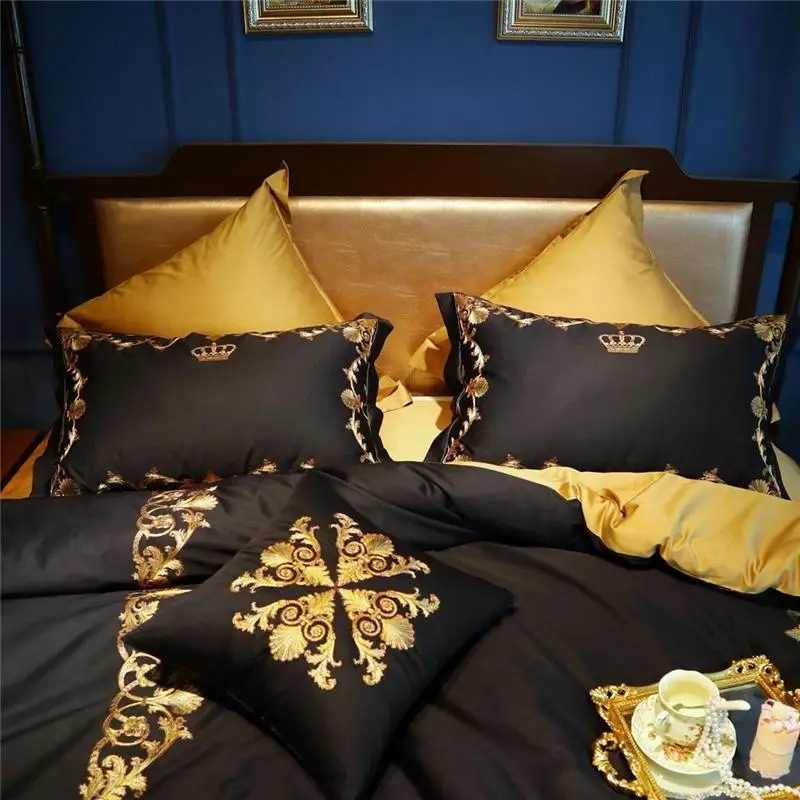 

33 Egypt Cotton Black Gold Crown Bedding Set Embroidery Silky Duvet Cover Sets Bed Sheet Pillowcases Queen King size 4/6/7Pc