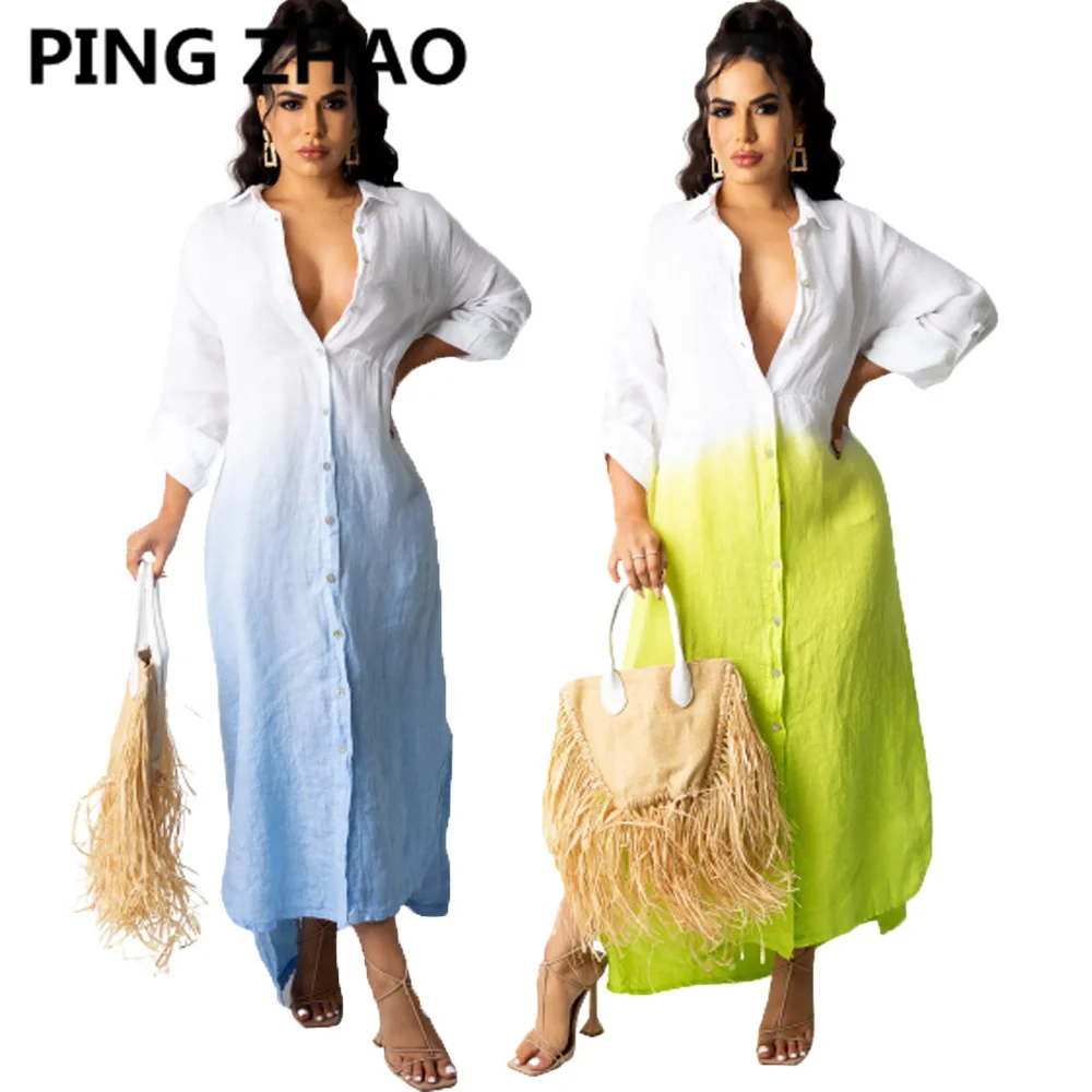 

PING ZHAO 2021 Women Autumn Long Maxi Shirt Dress Sexy Full Sleeve Loose Casual Street Dresses Vestidos