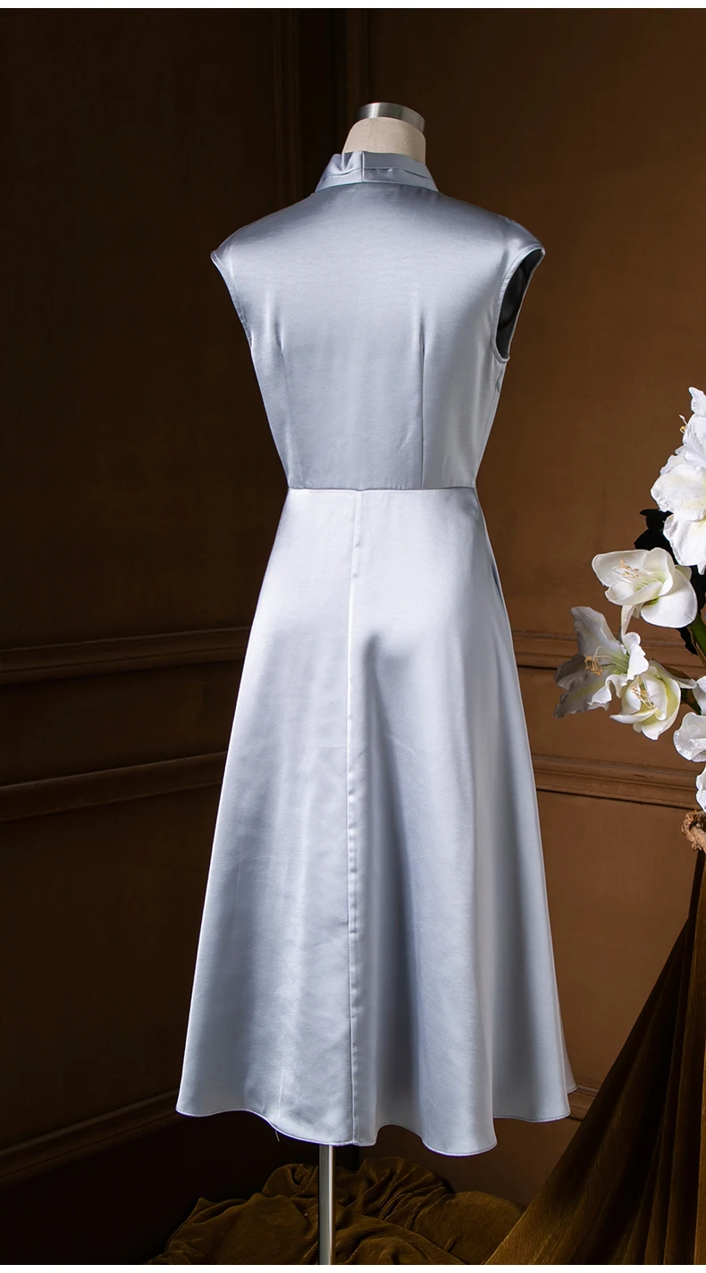

Fit & Slim Flare Dress 2021 Summer Luxury Women Sexy V-Neck Brooch Beading Deco Sleeveless Mid-Calf Grey Silver Dark Blue Dress