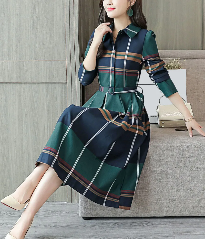 2019 осеннее платье новое корейское яркое узкое профессиональное тонкое клетчатое