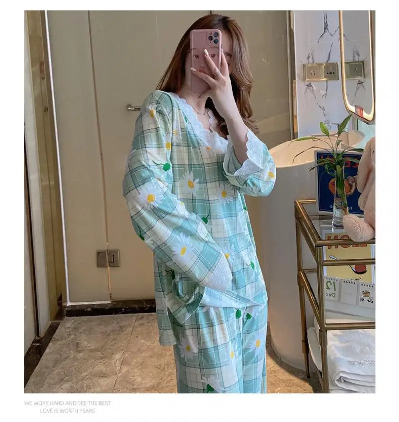 

Women Fashion Casual Lace Stitching Lattice V-Neck Long-Sleeved Trousers Autumn Thin Pajamas Set