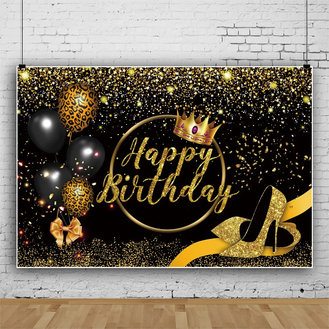 

Laeacco Photo Backdrop Gold Crown Balloons Birthday Party Glitters Star Dot High Heels Customized Poster Photographic Background