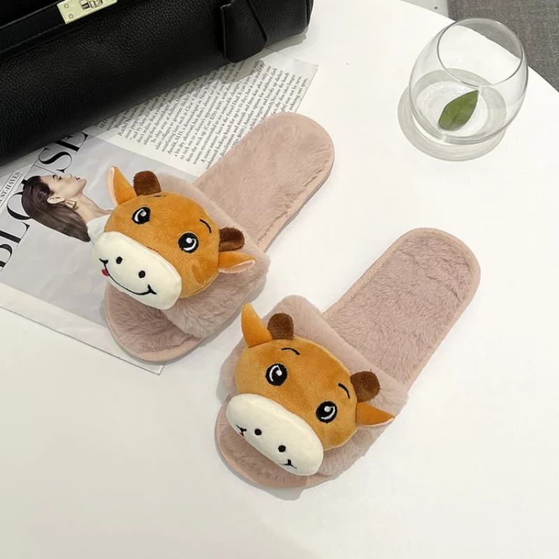 2021  Autumn and Winter Home Ladies Cotton Slippers Cute Calf Knot Decoration Comfortable Slippers Female Furry Slippers Female