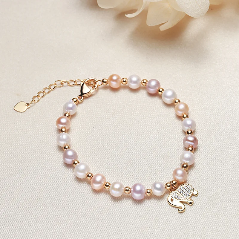 

1 PC Rose Gold Color Bracelet Natural Freshwater Oval Pearl Lovely Elephant Charm Bracelet Women Girls Wedding Jewelry Gift
