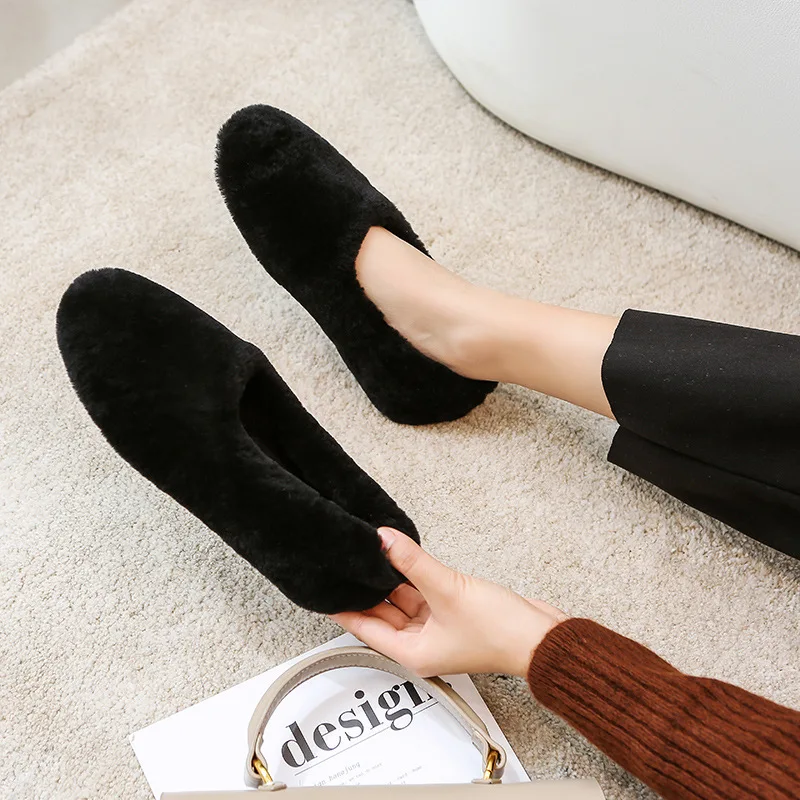 

Casual Woman Shoe Loafers Fur Female Shoes Round Toe Shallow Mouth Women Dress Fabric Leisure Rubber Solid Basic Flock Lace-Up