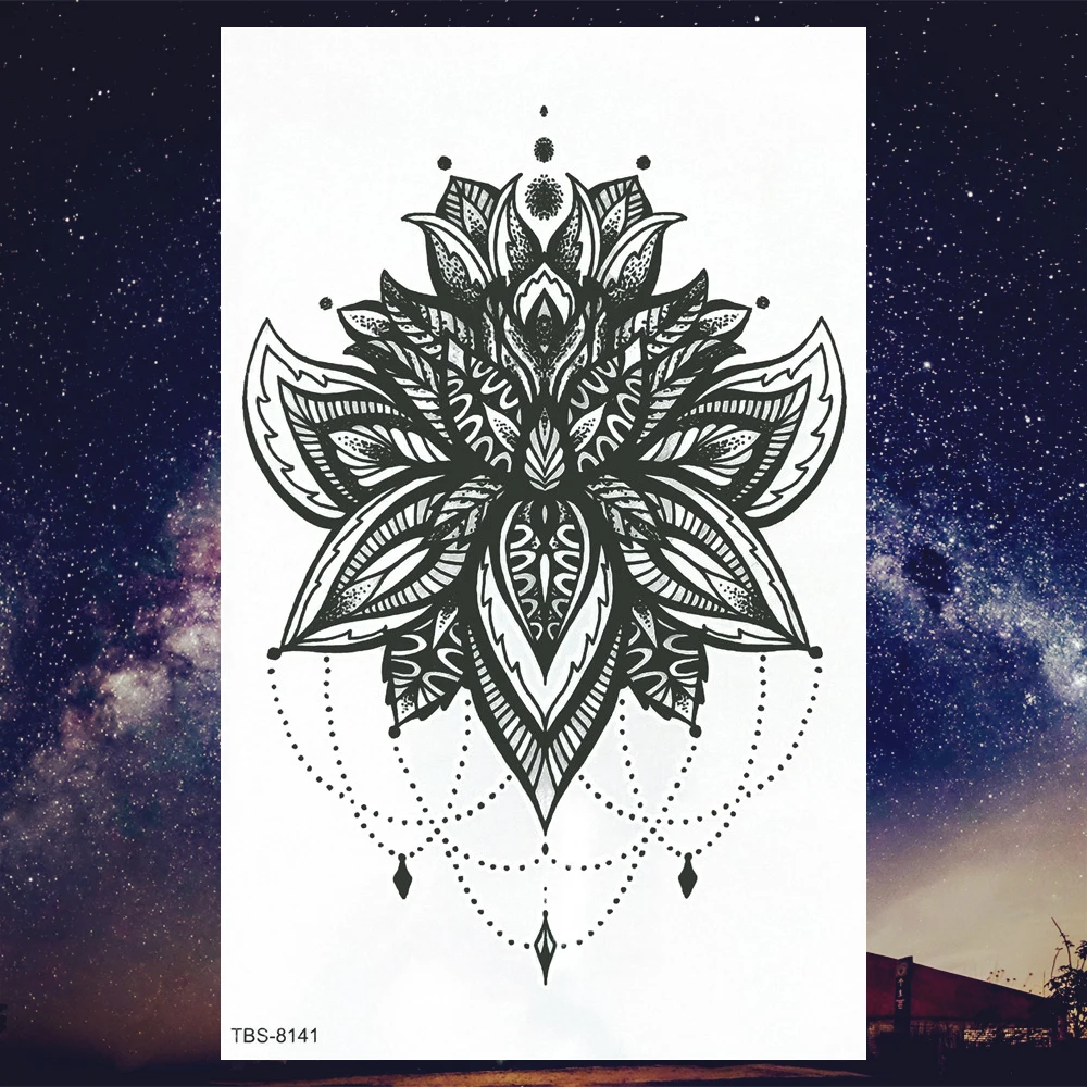 Fake Jewelry Temporary Tattoos For Women Unique Watercolor Lotus Tatoo Moon Mehndi Rose Flower Pendants Tattoo Chest Waist |