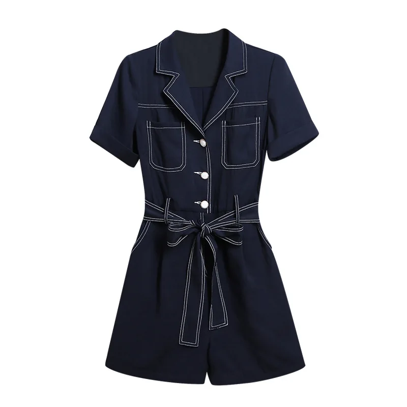 

Shorts Jumpsuit Women Summer 2020 Korean Fashion Turn-down Collar Lace Up Denim Playsuit Female Loose Rompers Combishort Femme
