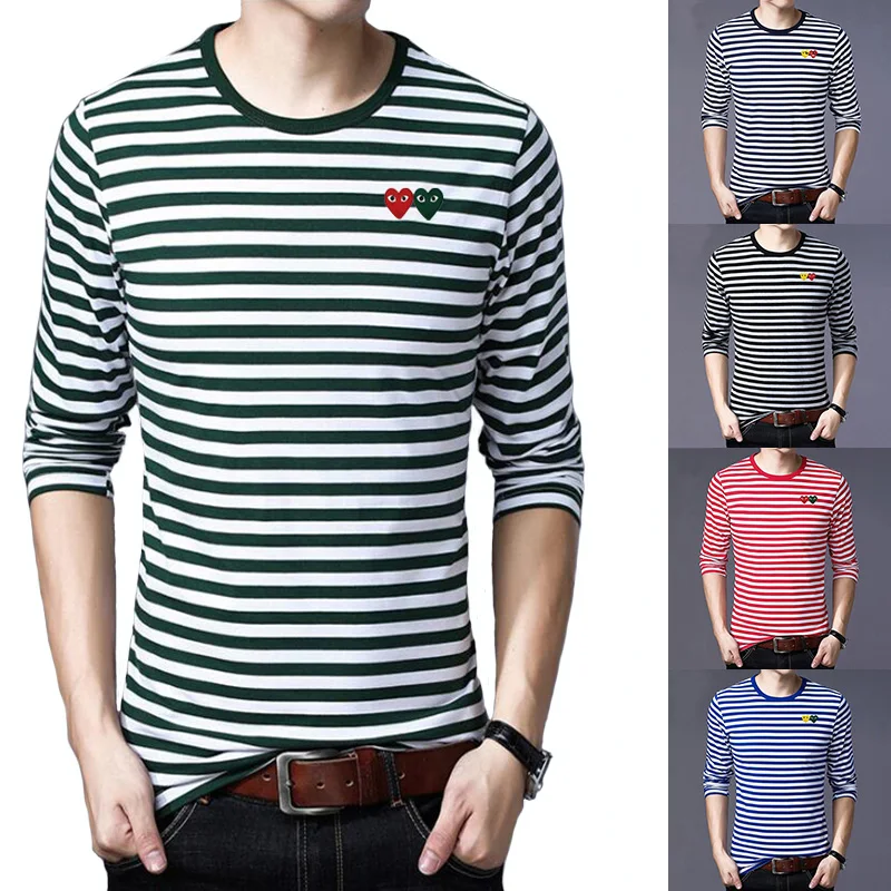 

Have Eyes Men T-shirt Summer Stripes Cartoon Double Heart Embroidery Cotton Stretch Long-sleeved Round Neck Casual Slim T-shirt