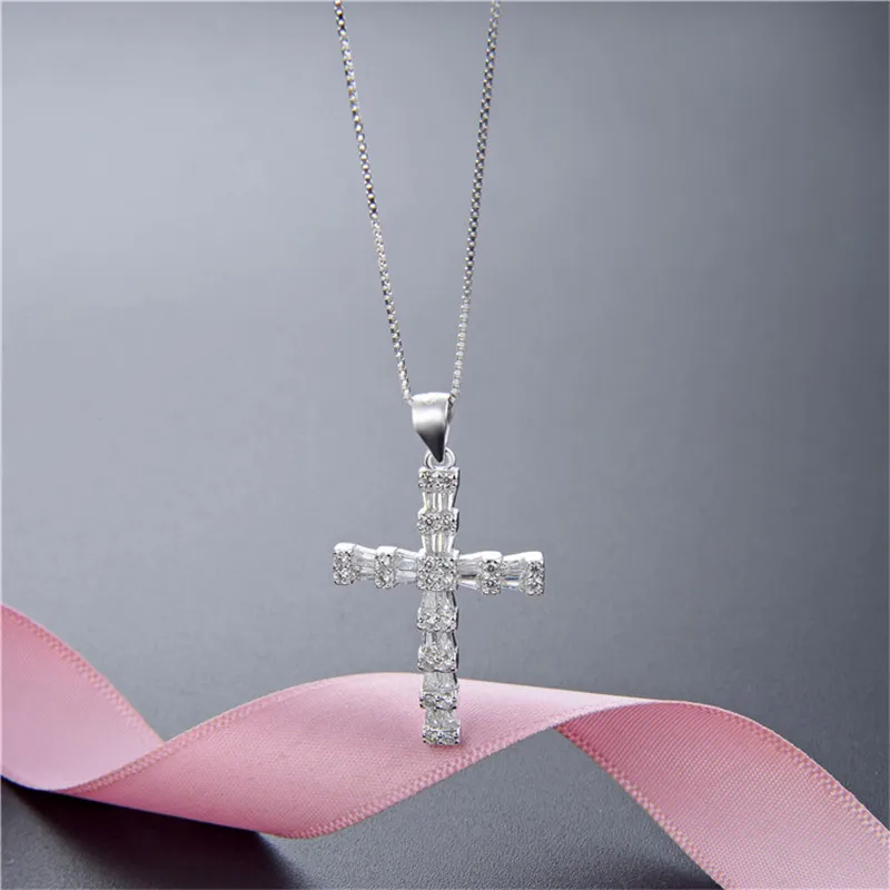 Горячая роскошь 925 серебро белый CZ каменный ящик цепь Шарм Крест Форма