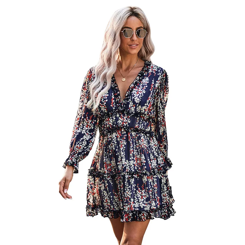 

Women's Dress Halter Back Spring 2021 New Waist Floral Skirt Long-sleeved Women