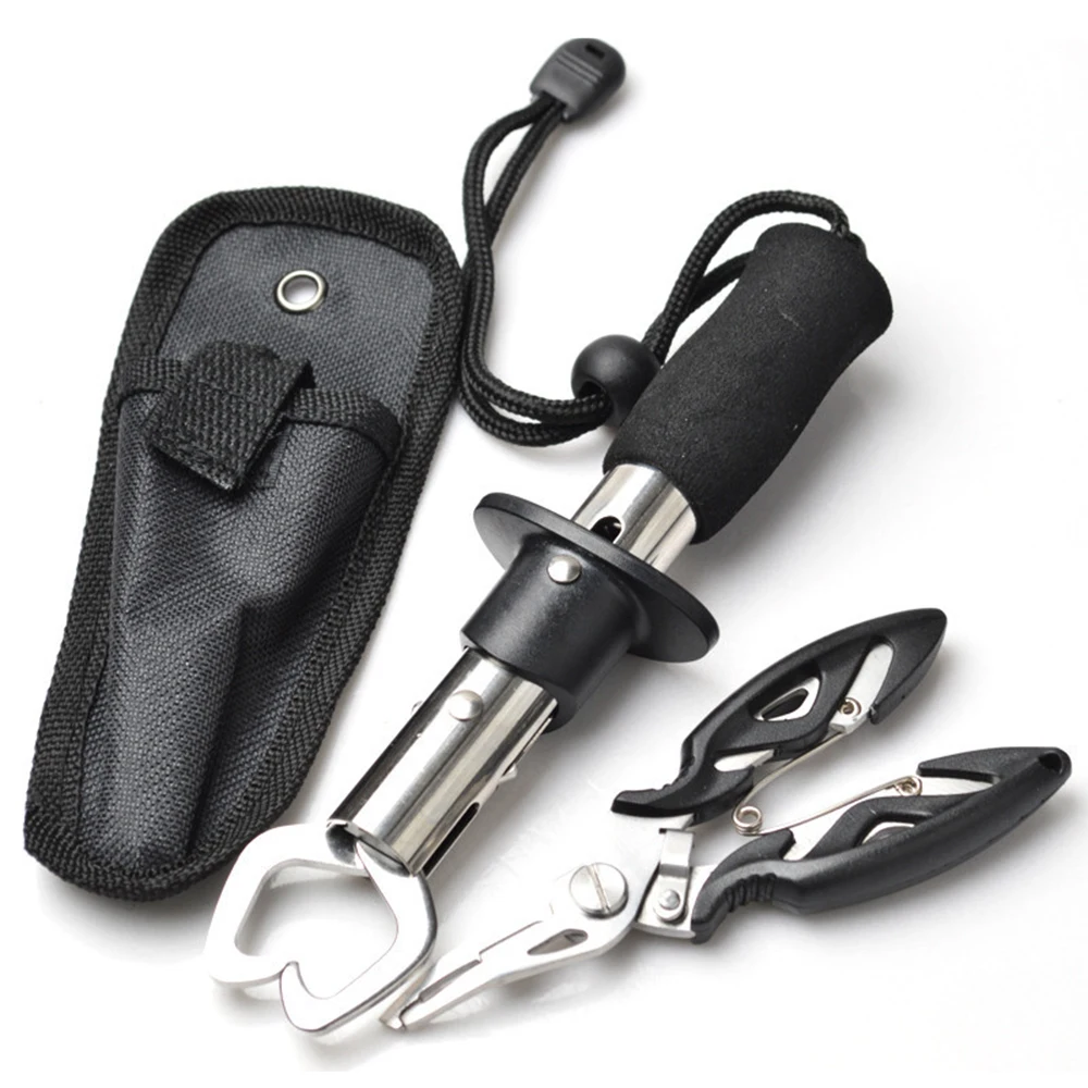 

Portable Fish Lip Grabber Gripper Set Grip Holder Tool Stainless Steel Fishing Gear with Wrist Strap and Black Clamp