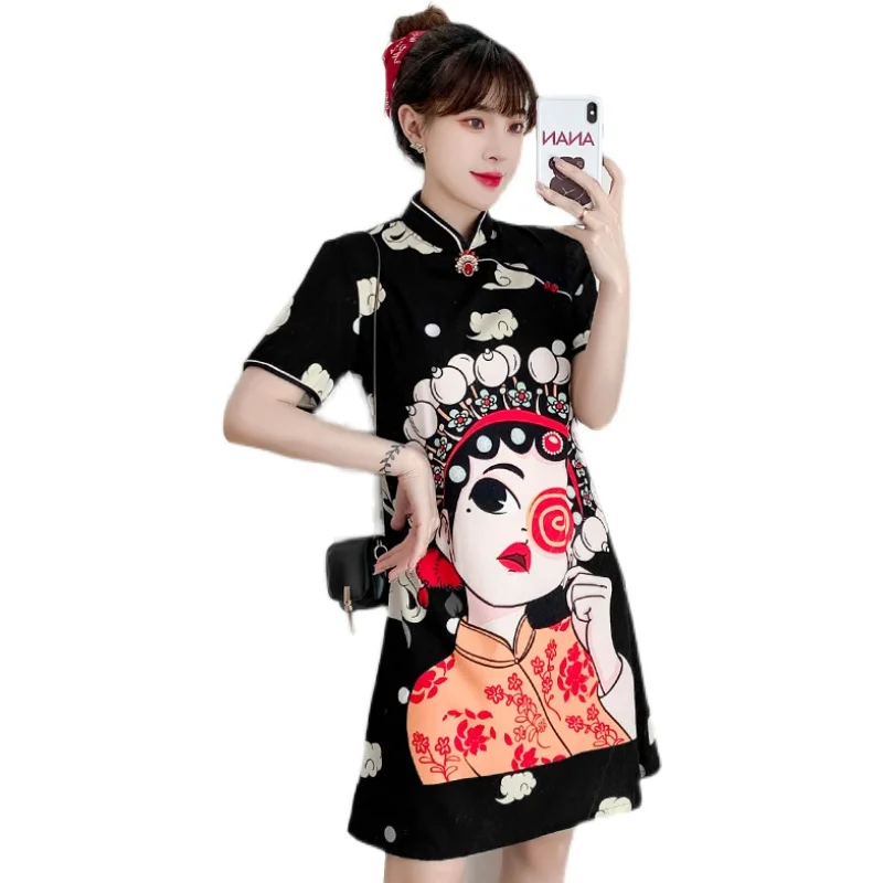 

Chinese fashion cartoon character printed cheongsam 2021 summer new temperament young cheongsam