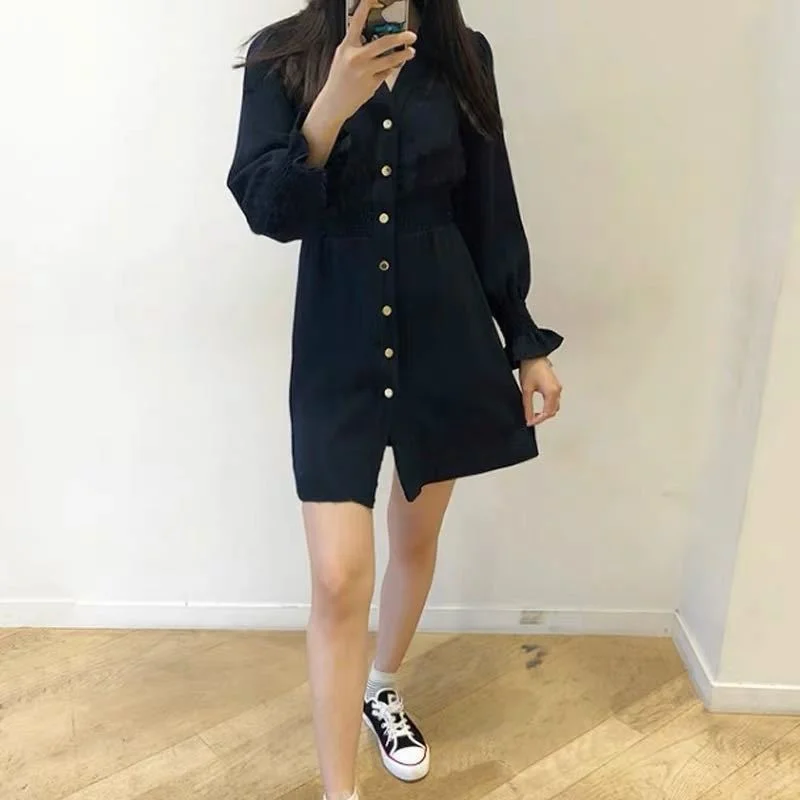 

Women's dark blue vintage dress French brand deep V neck high waist flared sleeve casual dress