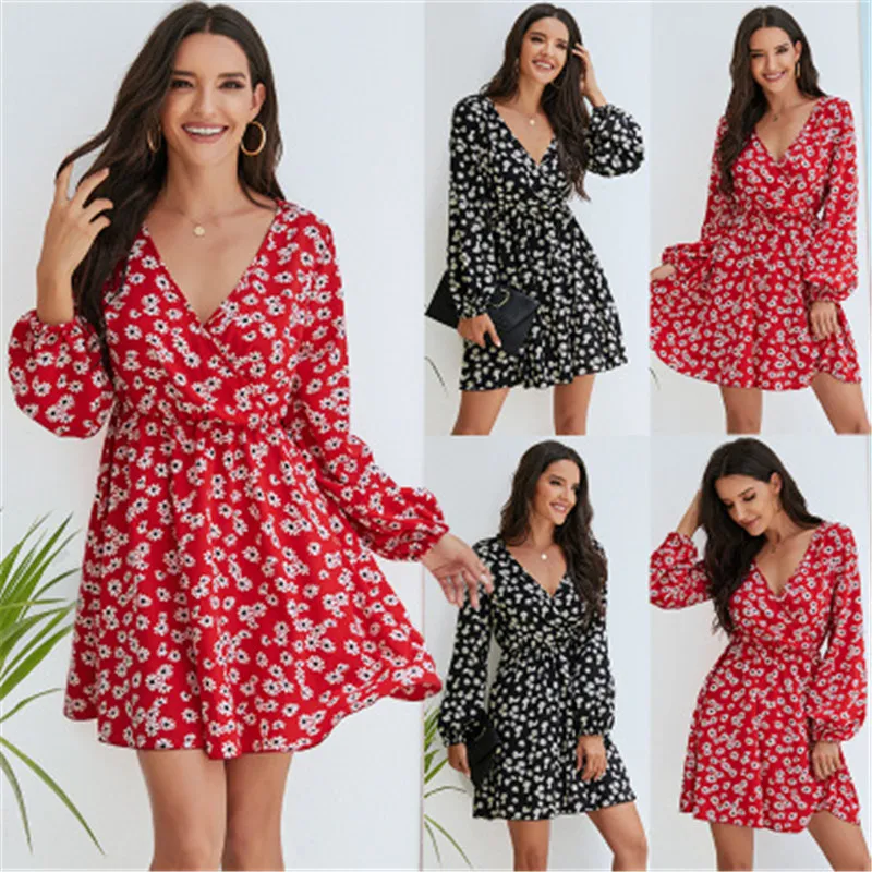 

Осеннее модное женское платье с принтом 2022, повседневное элегантное мини-платье с V-образным вырезом, оборками и рукавами-фонариками