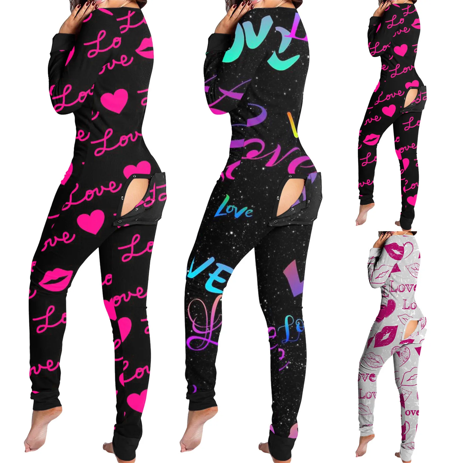 

Women Jumpsuit Pajamas, Womens Onesie Pajamas with Back Functional Butt Flap Long Sleeve Bodysuit Sleepwears Playsuit A50