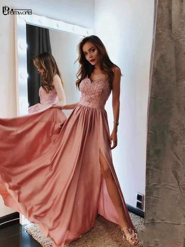 

Blush Pink Prom Dresses 2021 A-Line Sweetheart Lace Long Prom Gown Sexy Slit Satin vestido formatura Evening Dress Party