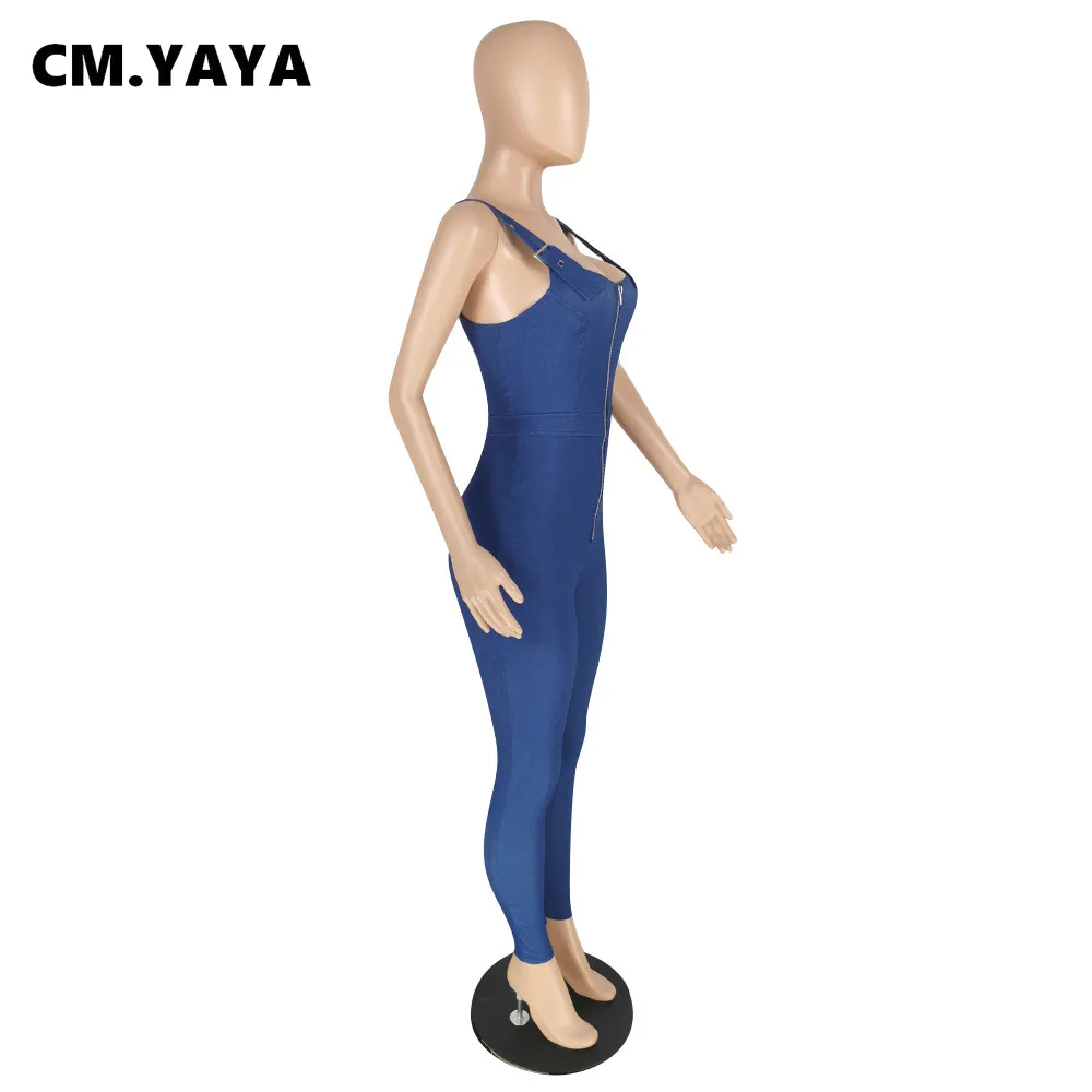 CM.YAYA Искусственные джинсы женские облегающие Комбинезоны на молнии Модный