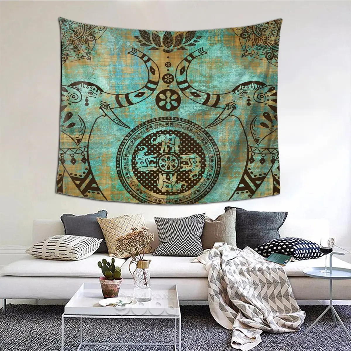 

Elephants Lotus Mandala Tapestry Hippie Polyester Wall Hanging Indian Elephant Room Decor Fashion Wall Tapestry 95x73cm