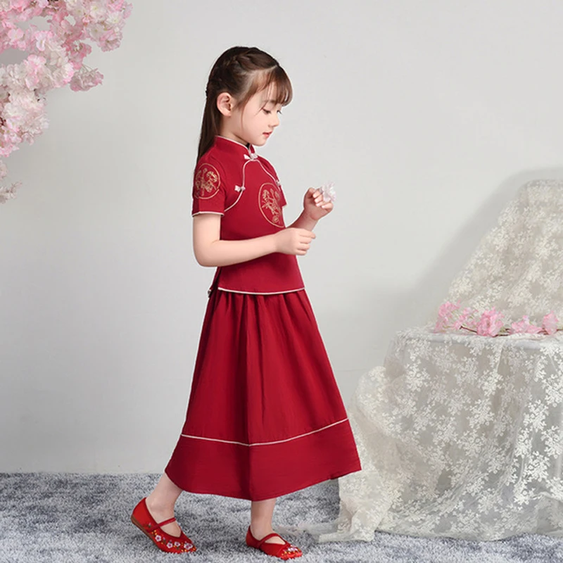 Костюм для девочек из 2 предметов рубашка и юбка хлопка льна в китайском